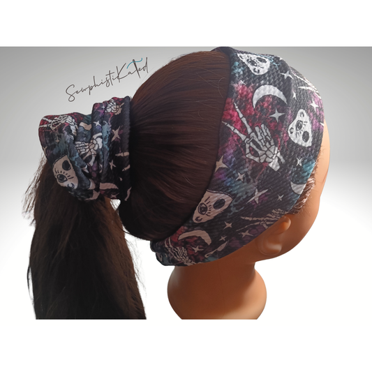 Witchy Planchette Headbands & Scrunchies – Celestial Skeleton Hair Accessories (Purple, Black & Teal)