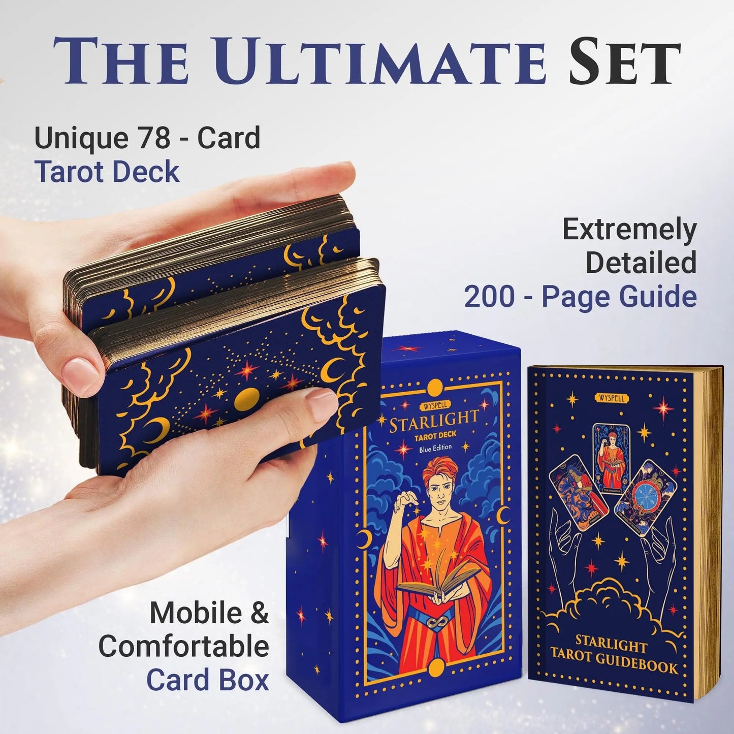 Starlight Blue Tarot Deck with Guidebook – Gold Edge Celestial 78 Card Tarot Set