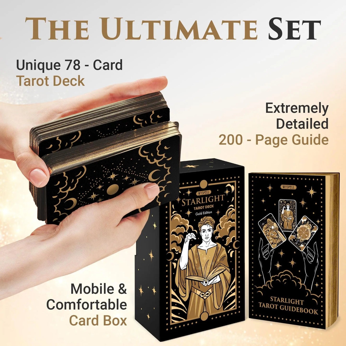 Starlight Gold Tarot Deck with Guidebook – Celestial Tarot Cards with Gold Edges
